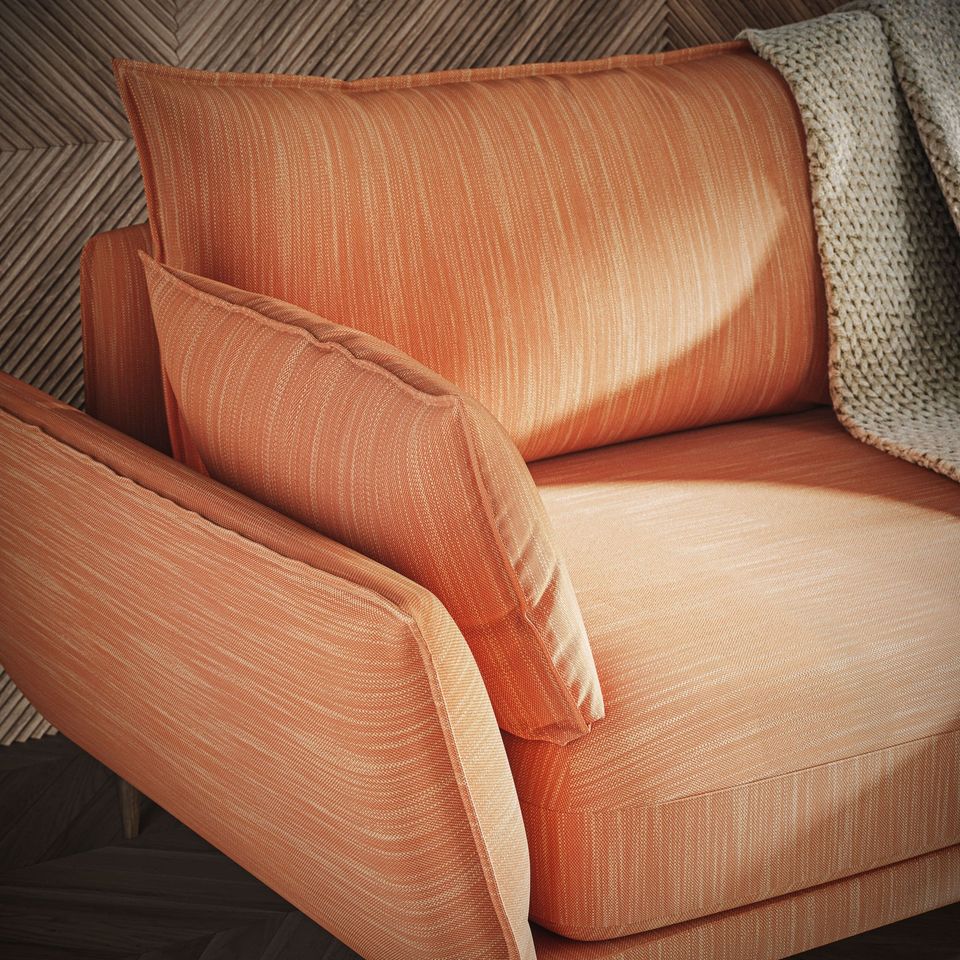 Top-notch 3D rendered image of an orange sofa, showcasing photorealistic furniture visualization and 3D modeling.