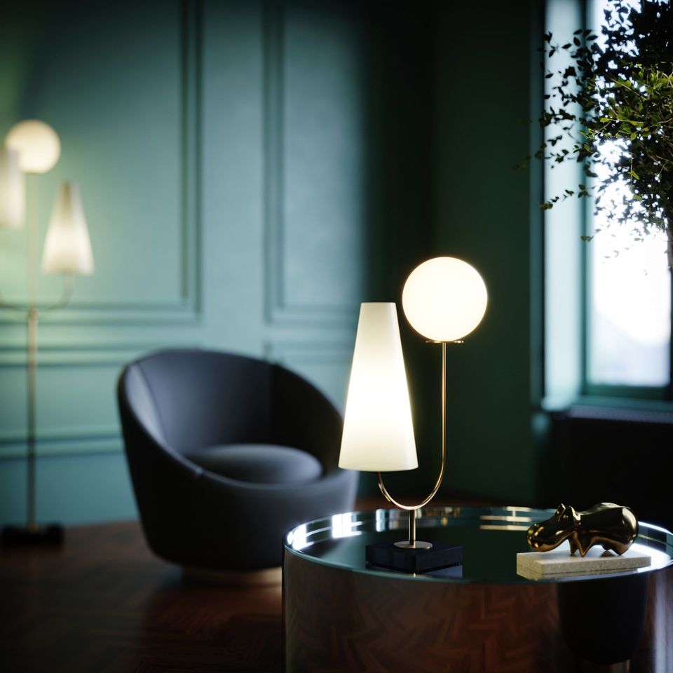 3D rendered image showcasing modern furniture in a photorealistic interior setting, featuring a stylish chair and lamp.