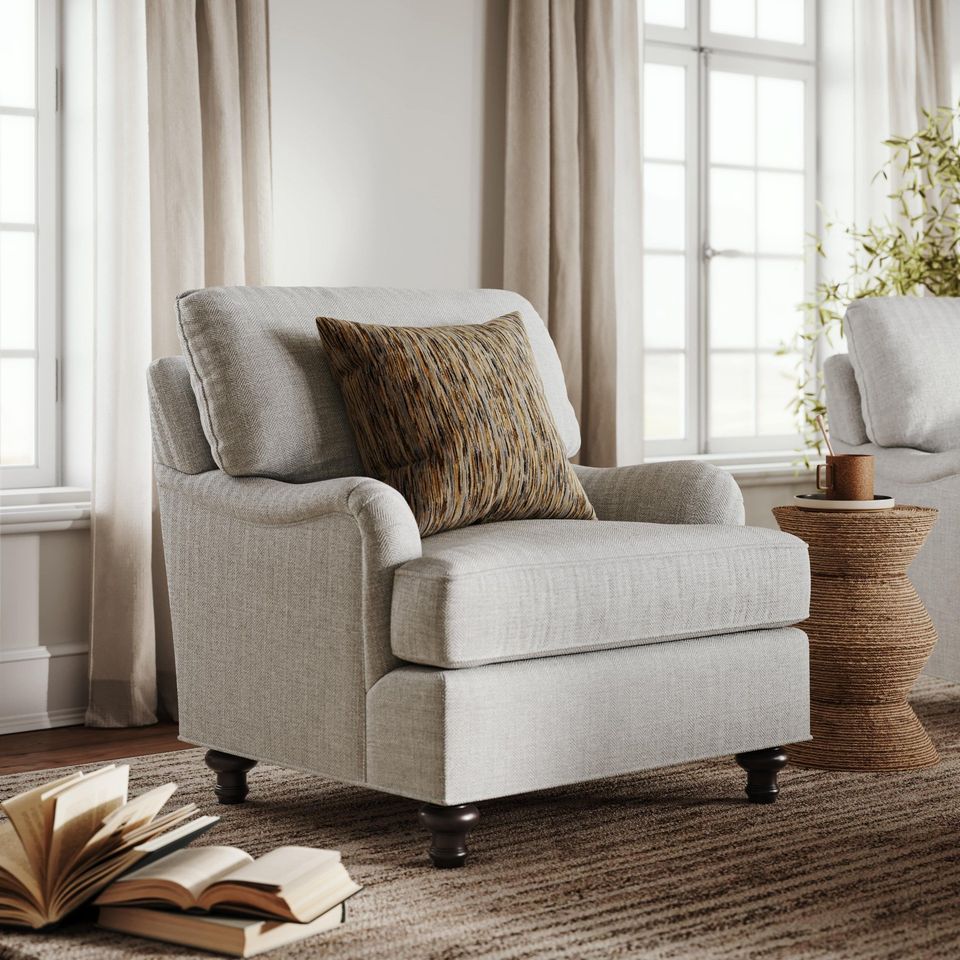 High-quality 3D rendering of a cozy armchair in a living room setting, showcasing realistic furniture visualization and photorealistic CGI.