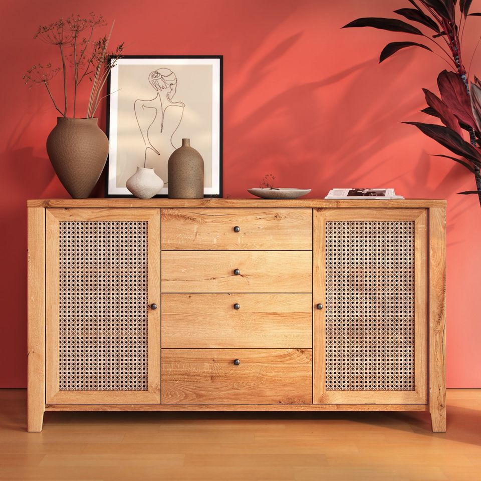 Photorealistic 3D rendering of a wooden sideboard with decor, showcasing high-quality house fittings visualization and interior design.