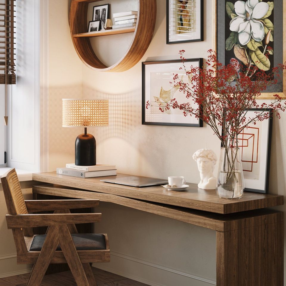 3D Rendering Showing Wooden Furniture, a Lamp, and Decor