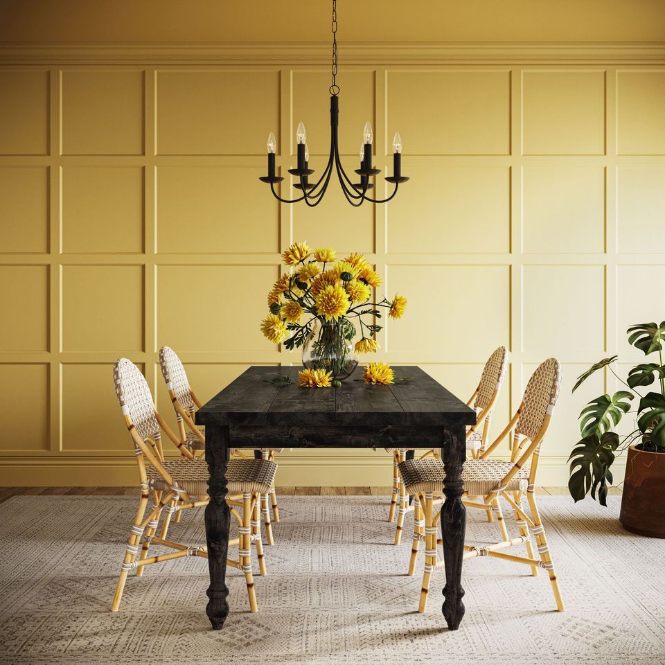 Product Rendering Of A Wooden Dining Table With Matching Chairs In A Bright Dining Area