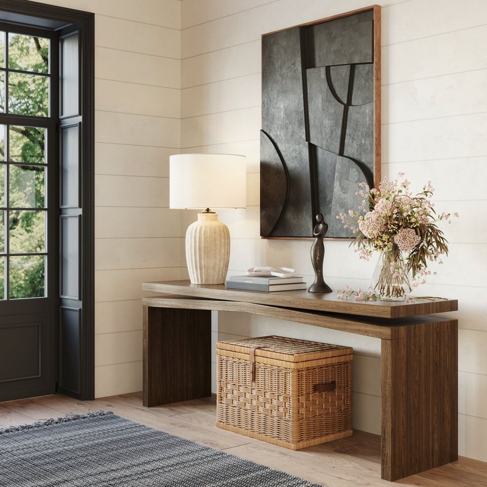 3D Rendering of a Wooden Table With Slanted Legs in a Softly Lit Interior