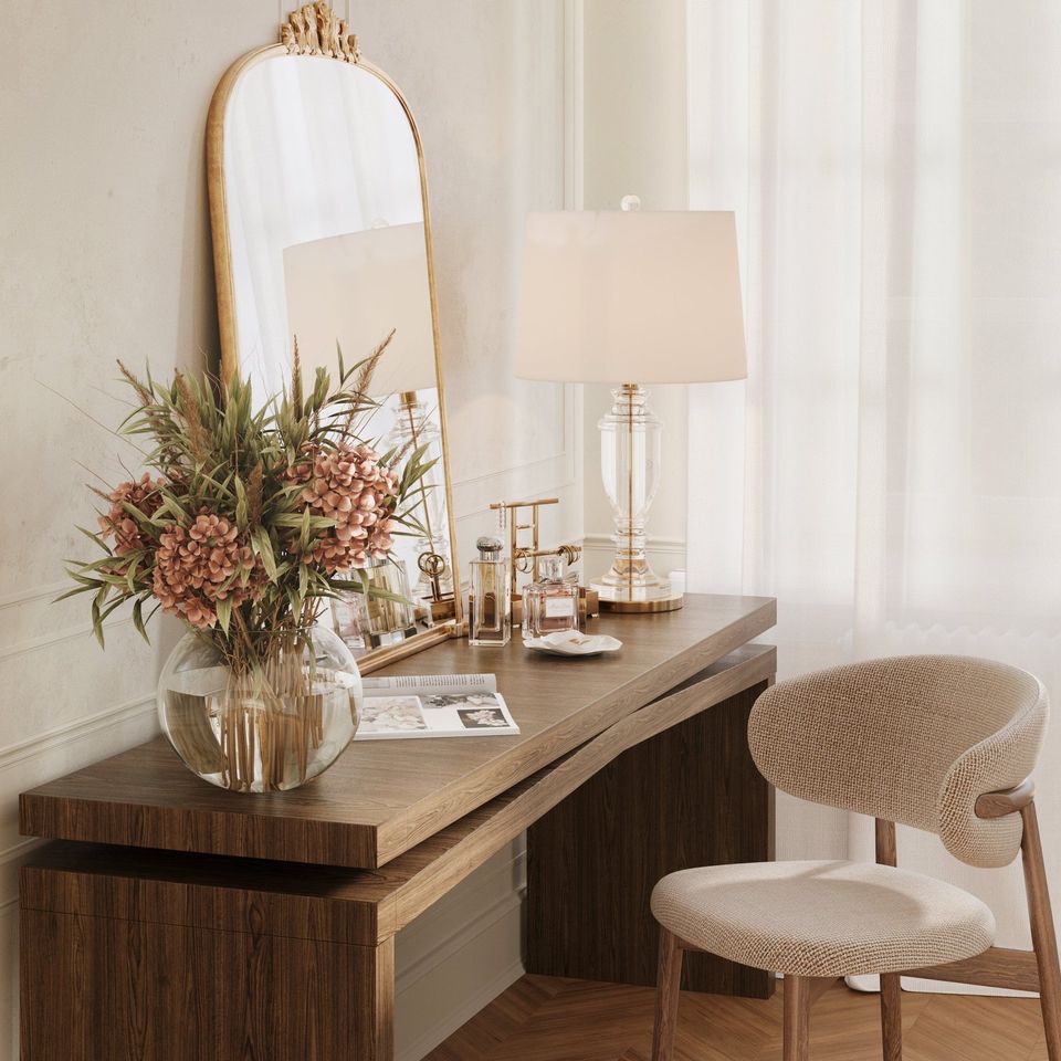 3D rendered product showcasing a modern vanity with a mirror, lamp, and chair, highlighting photorealistic interior visualization.