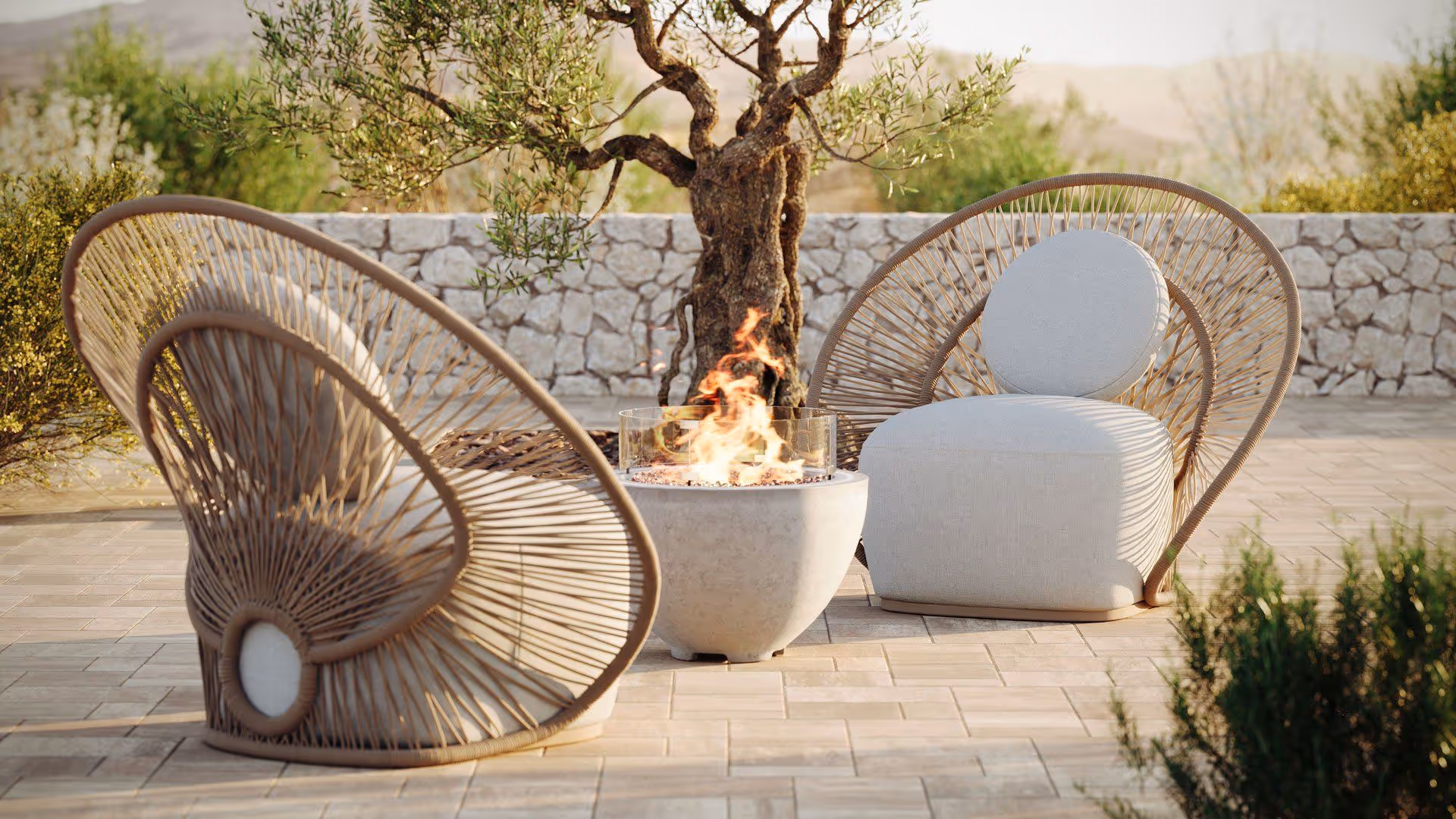 3D Visualization for a set of outdoor furniture in a sunlit scene