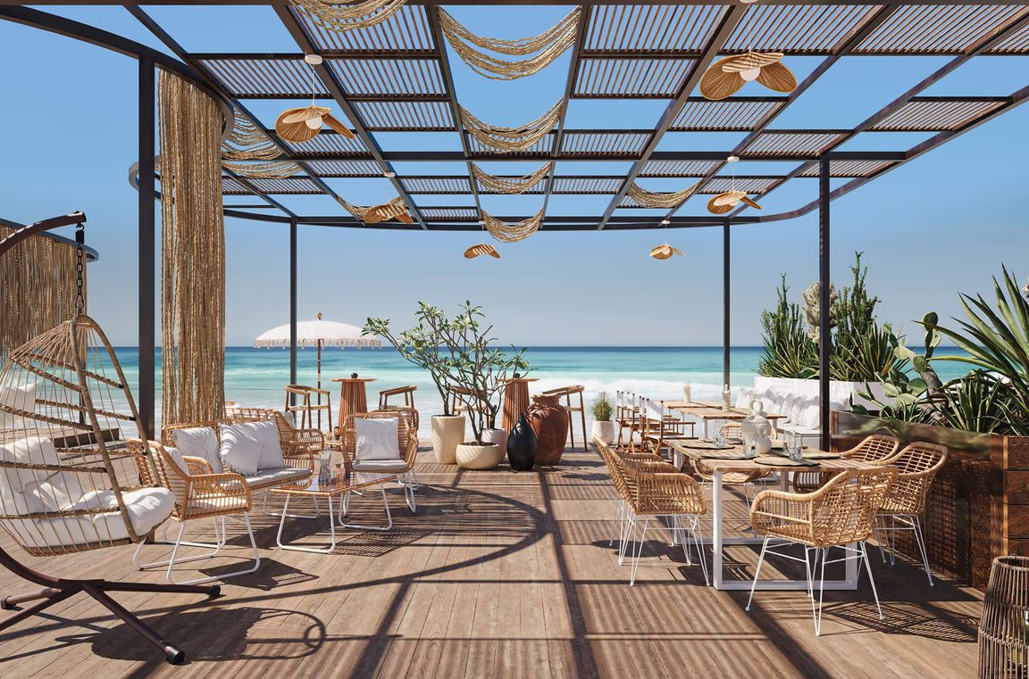Terrace background rendering with rattan seating and ocean view