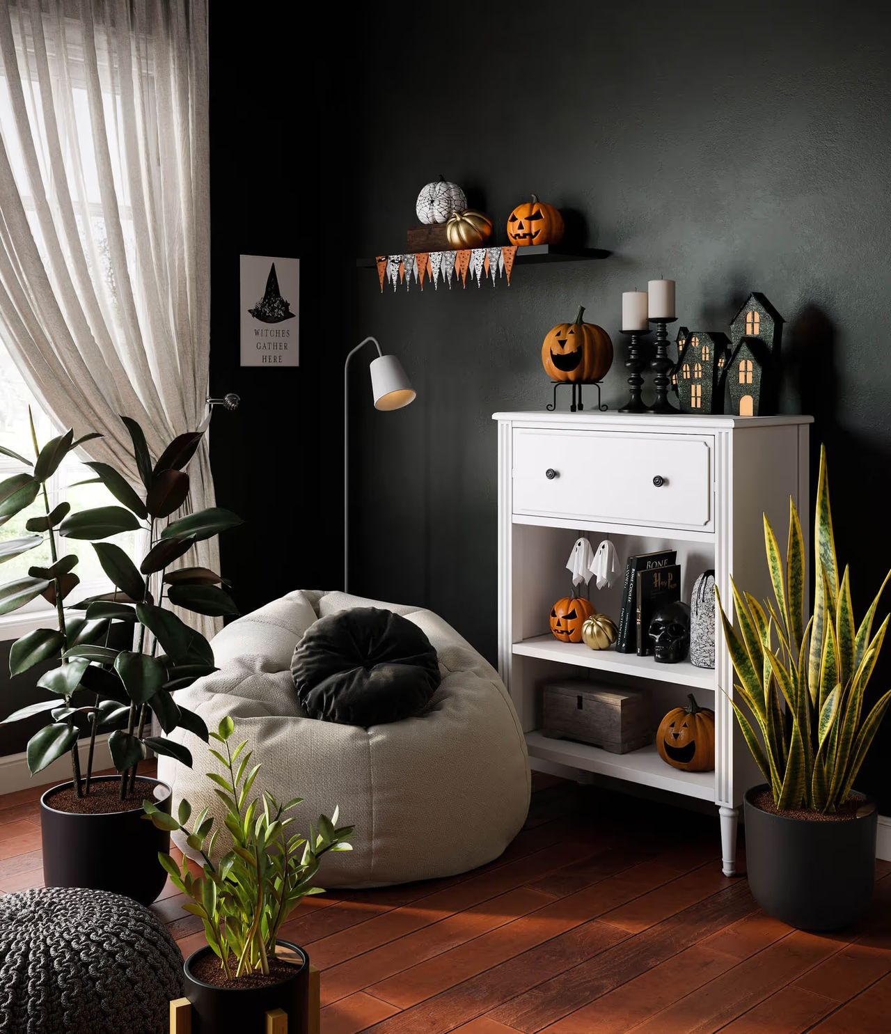 3D modeling for a seasonal marketing campaign with Halloween decor in a cozy dark-toned interior