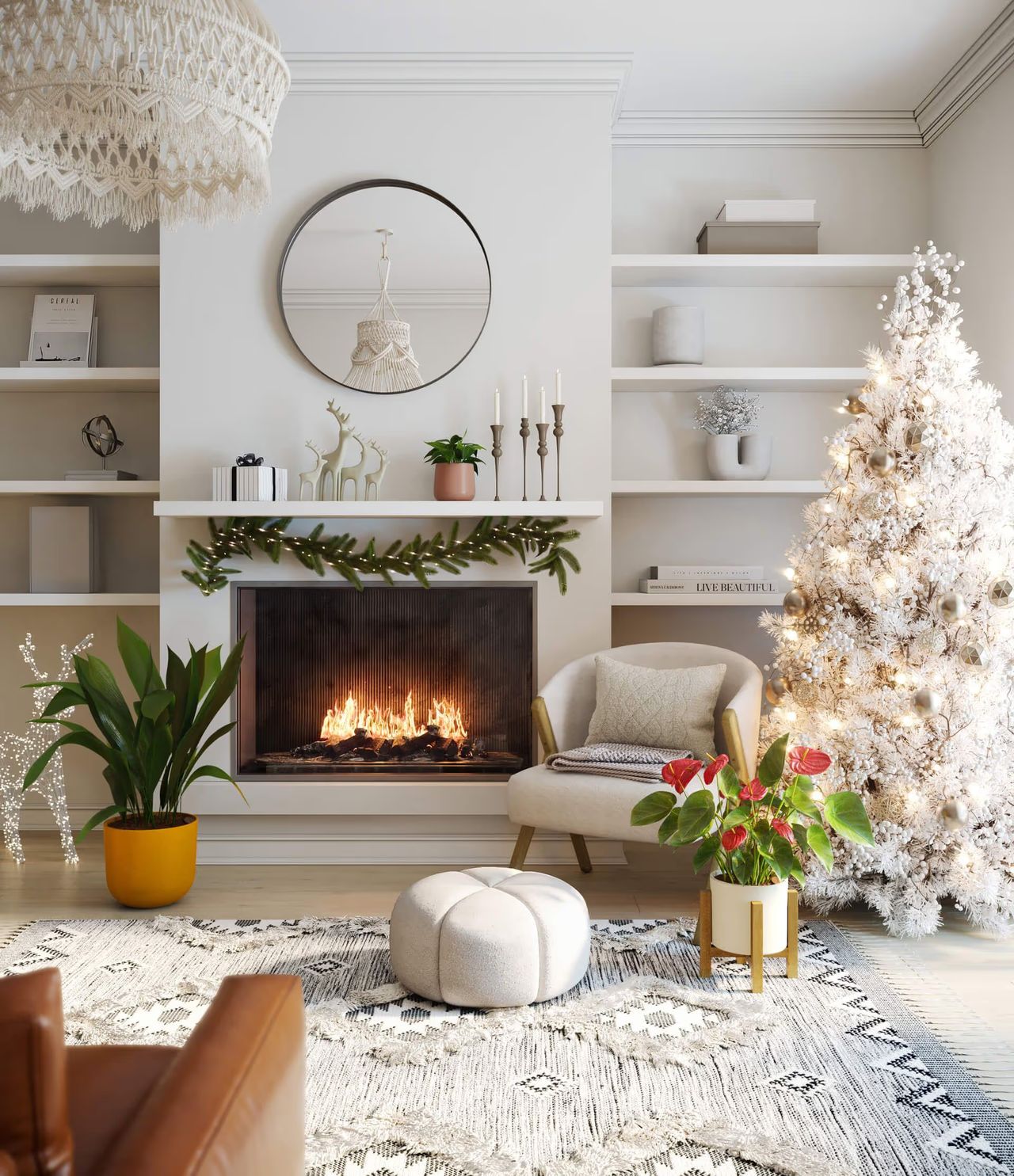 3D modeling for seasonal marketing visuals featuring a bright living room with a fireplace and Christmas tree