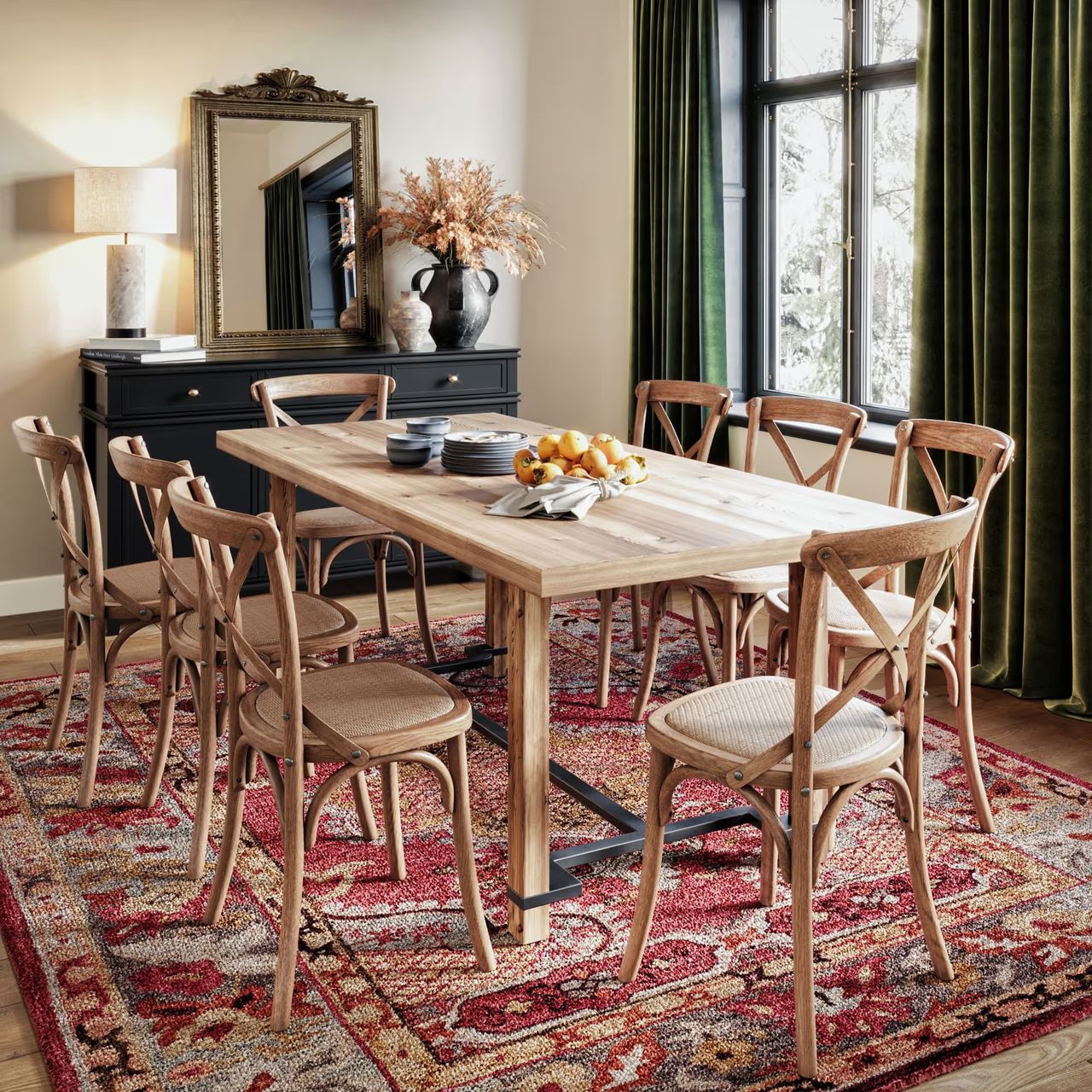 Product rendering of wooden dining chairs in a lifestyle interior scene around a table with natural daylight.