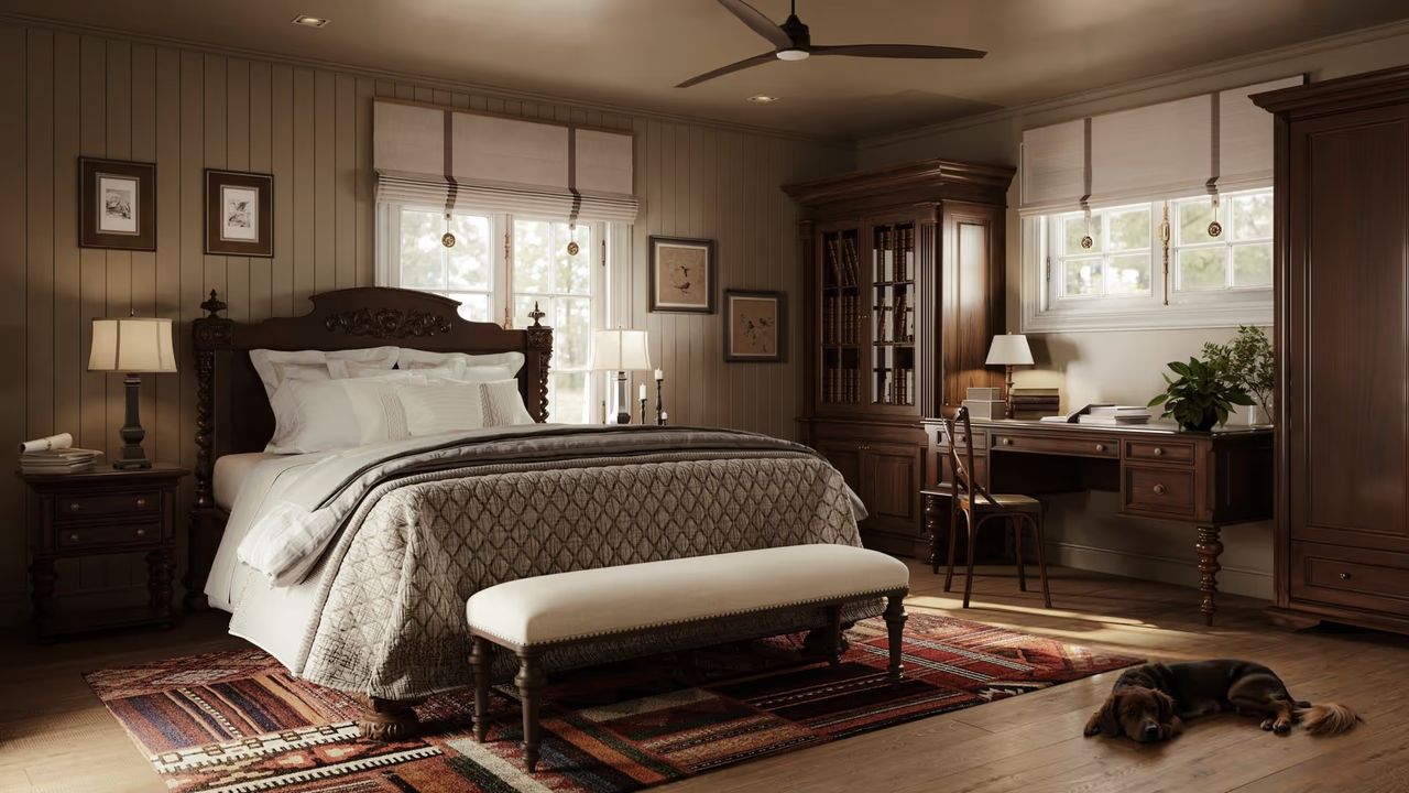 Lifestyle 3D visualization of a bedroom furniture set in a traditional classic style with warm lighting and rich wood tones