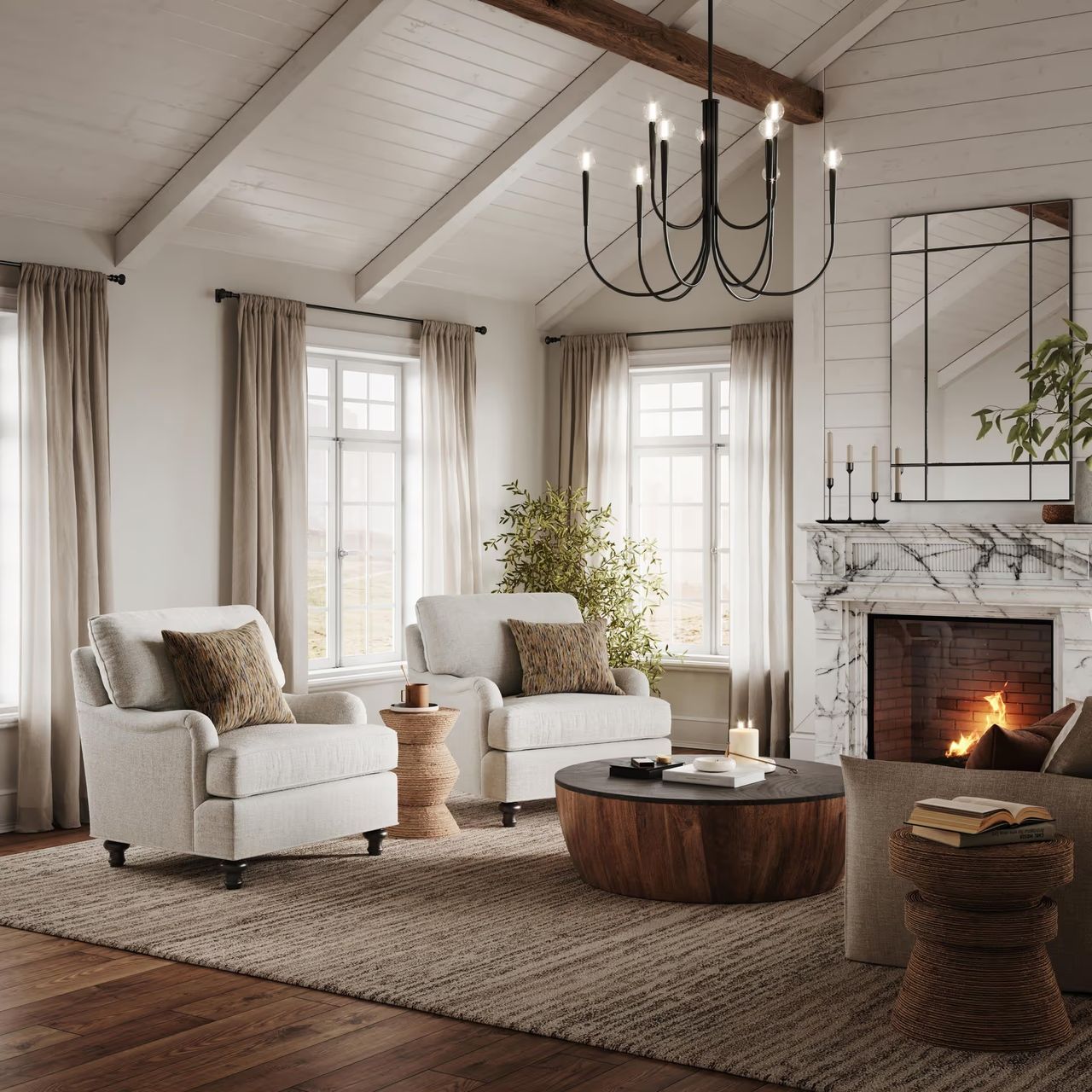 Lifestyle 3D visualization of a living room furniture set in a modern rustic style with neutral tones, wood ceiling beams, and a fireplace