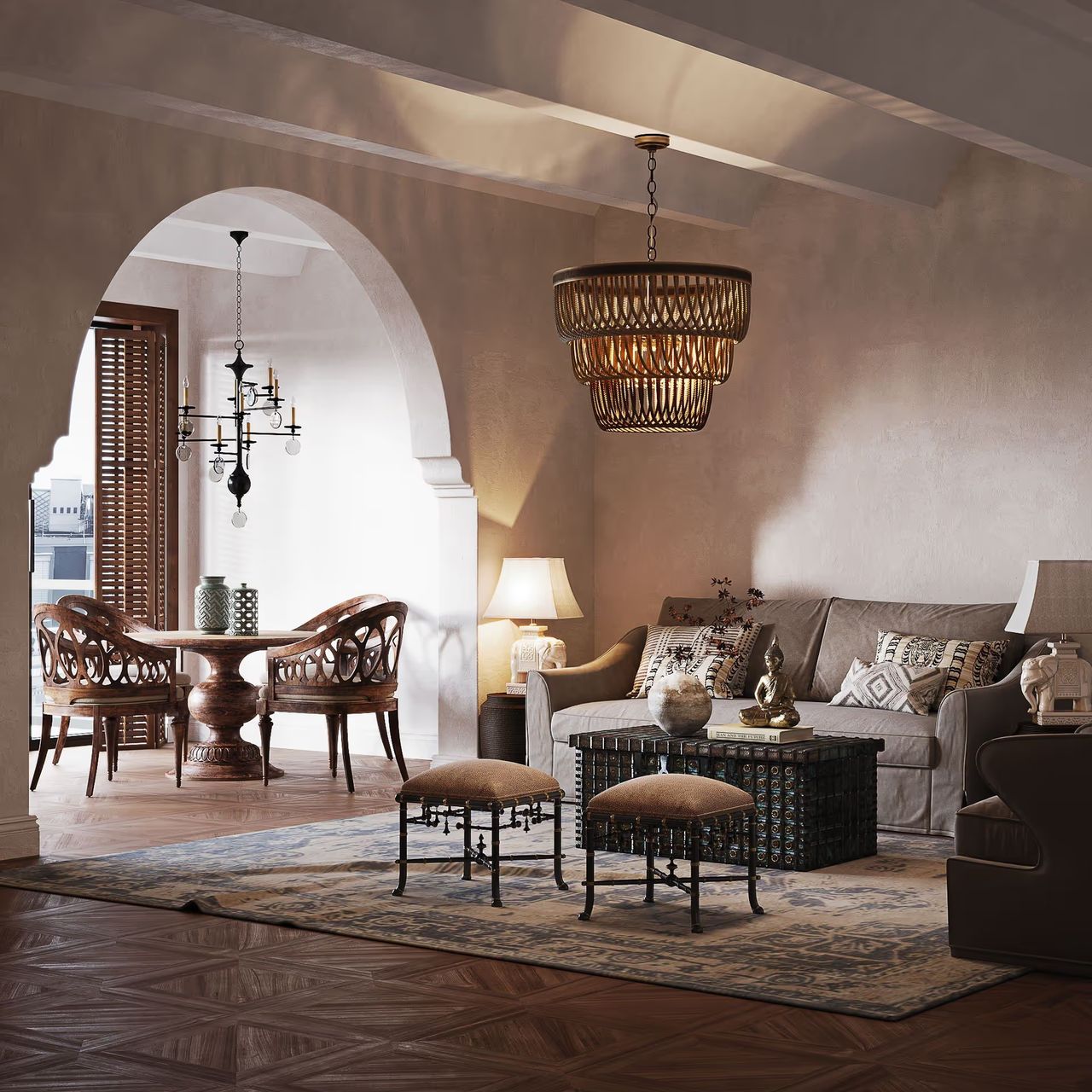 Lifestyle 3D visualization of a living room furniture set in a warm transitional style with Mediterranean accents and arched architecture