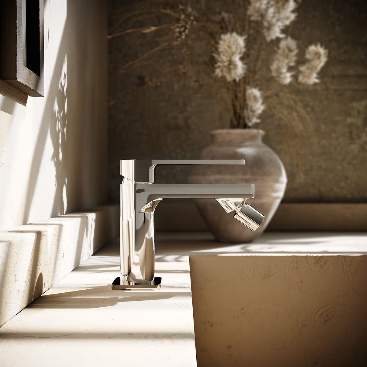 Lifestyle 3D render showing a straight eye-level view of a bathroom sink and faucet in a styled interior