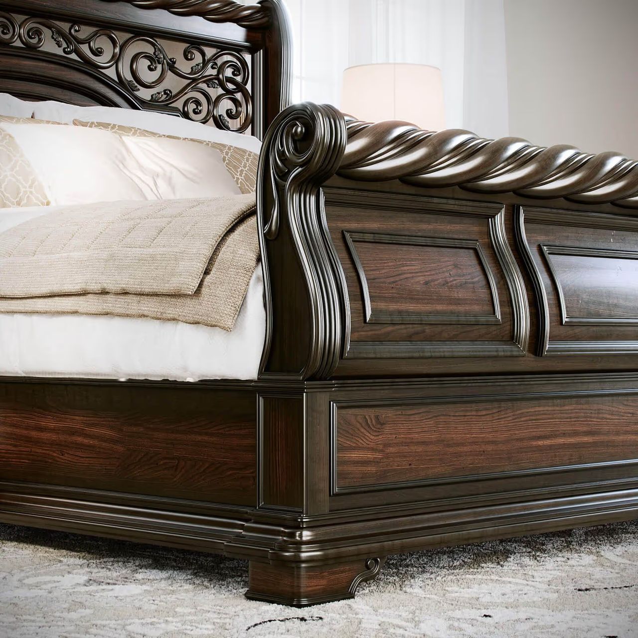 Lifestyle 3D render showing a low-angle view of a bedroom scene focused on a wooden bed frame and bedding