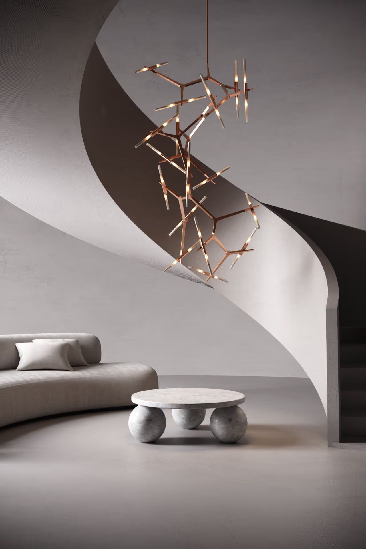 3D rendering showing a lighting fixture framed by an abstract architectural background with curved structural elements