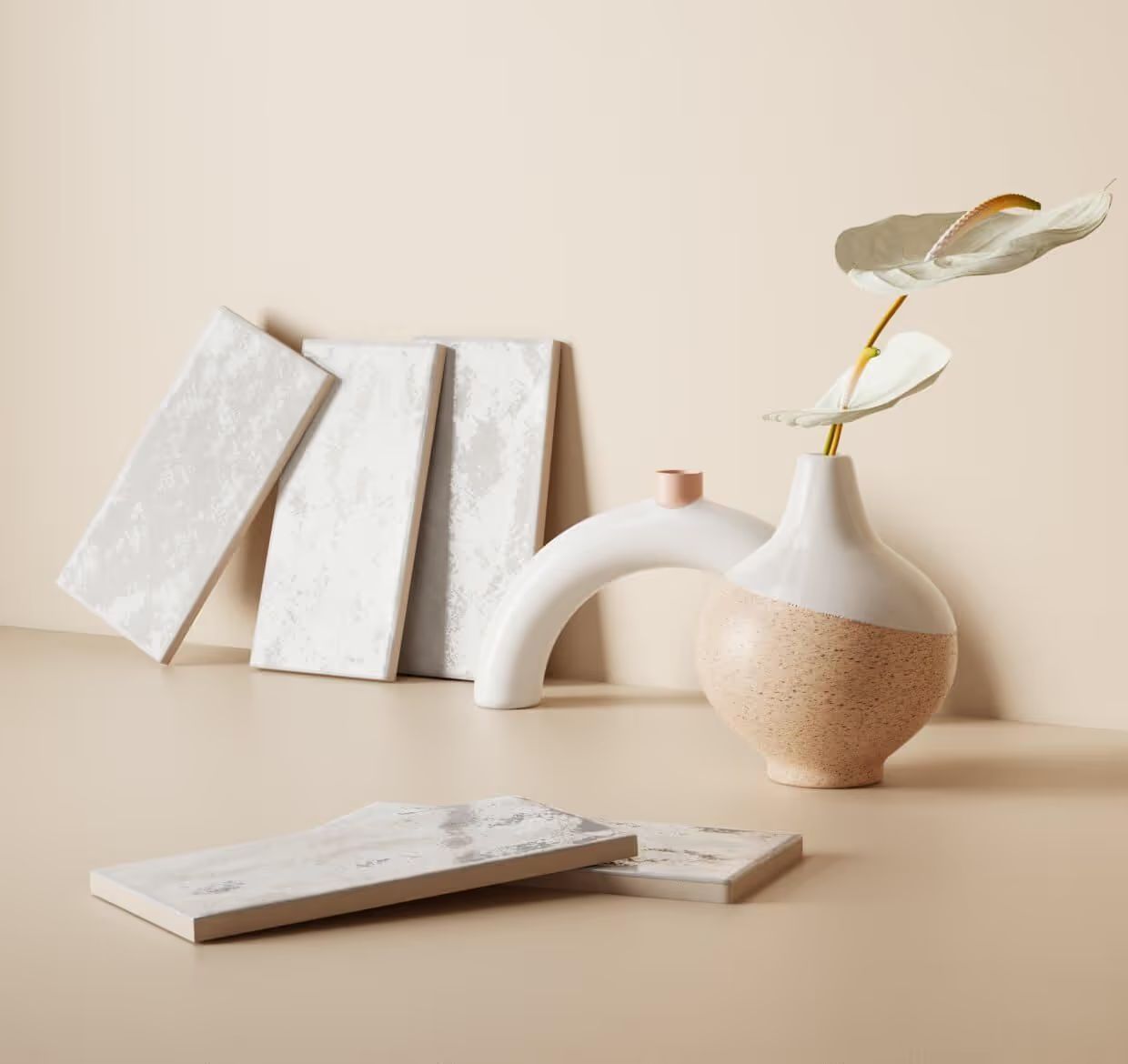 3D rendering featuring decorative objects arranged against an architectural background with textured surfaces and tiles