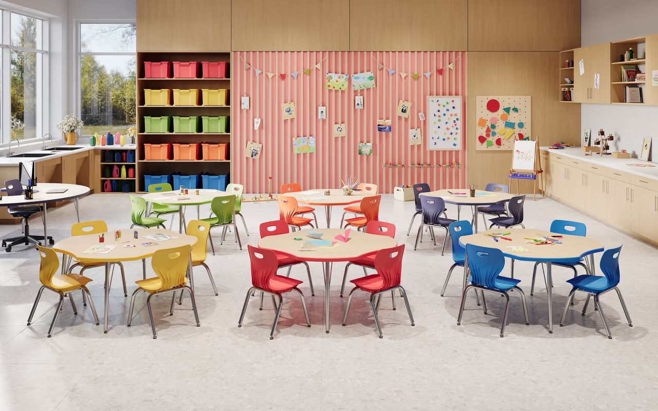 Product visualization of a colorful kids dining set in a bright classroom style interior