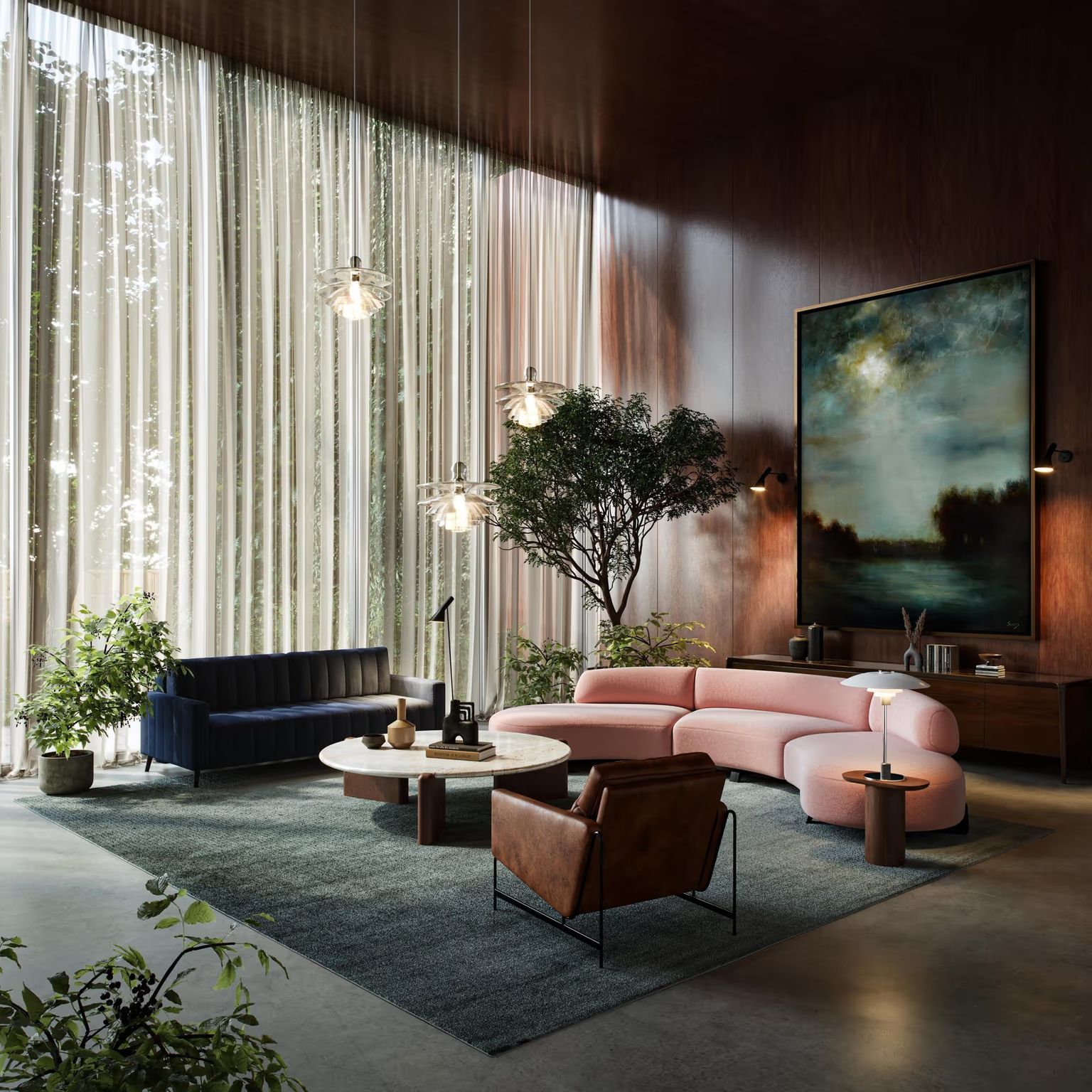 CGI Photography shows a modern living room rendered in a bright daytime mood with soft natural window light