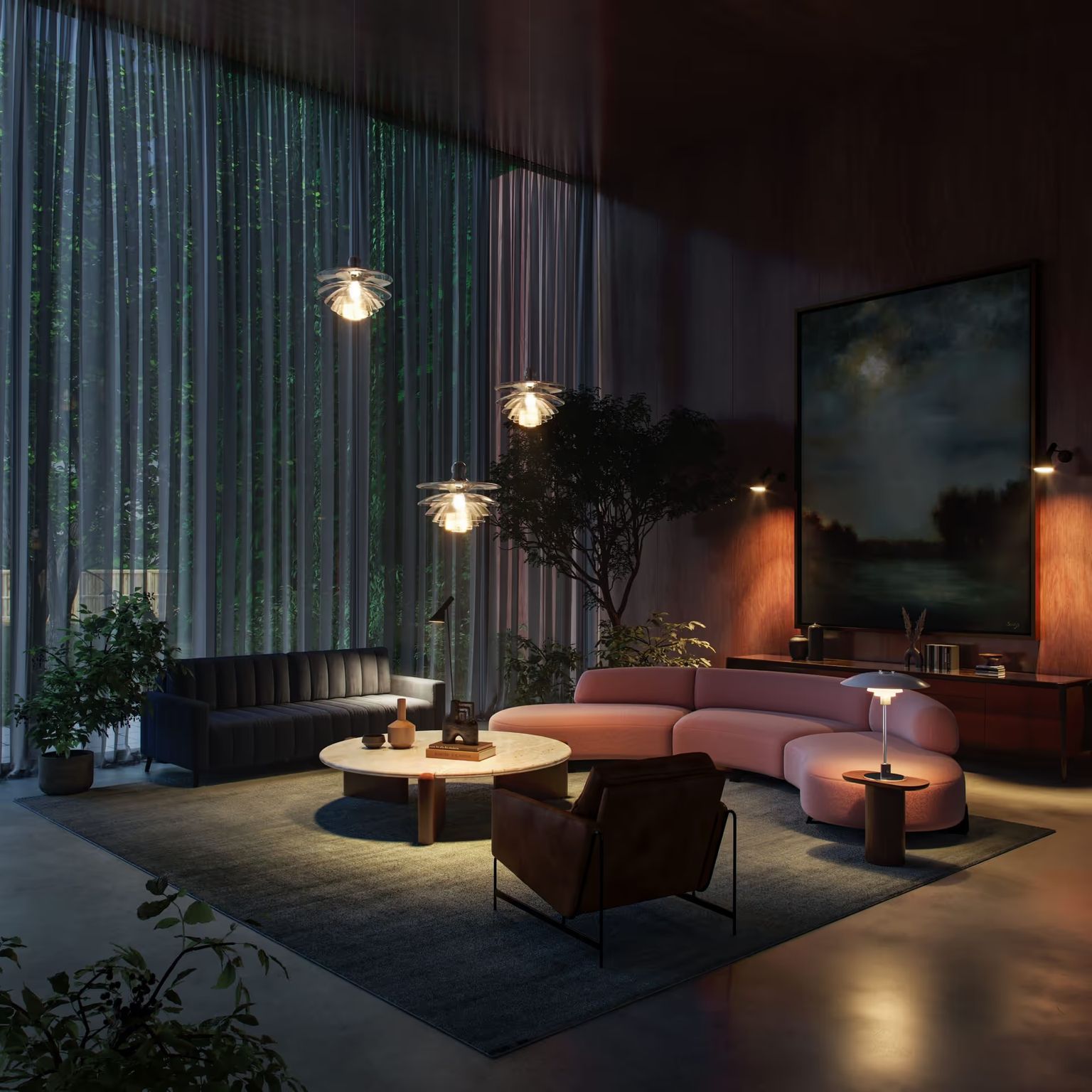 CGI Photography shows a modern living room rendered in a dark nighttime mood with warm pendant lights and deep shadows