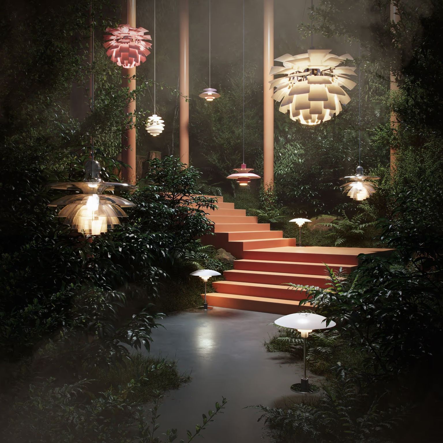 CGI Photography shows a moody garden scene with glowing pendant lights in a soft evening atmosphere