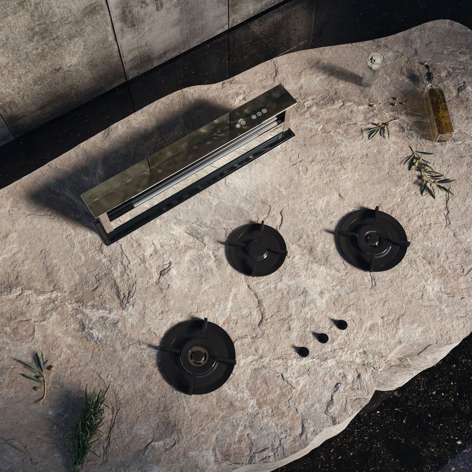 Product rendering with a compositional background using stone textures and themed props to highlight a modern kitchen appliance