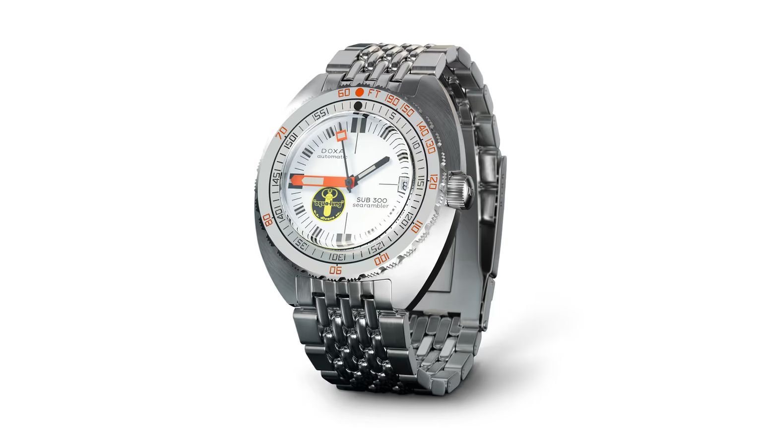 White background render of a metal wristwatch focusing on dial details, case design, and bracelet finish