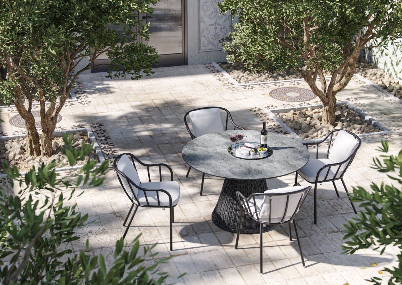 Product visualization of an outdoor dining set in lifestyle settings with a round table and four chairs in a tiled patio