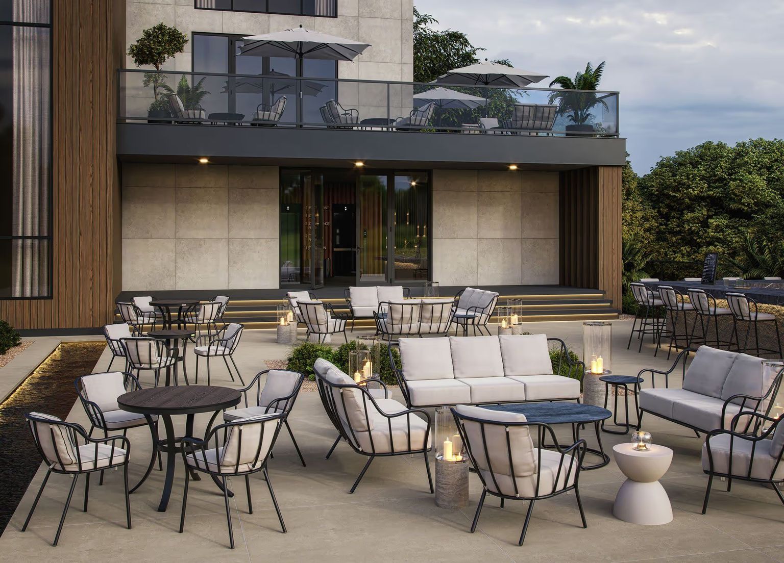 Product visualization of a modern terrace lounge in lifestyle settings with outdoor sofas, dining tables, and soft evening lighting