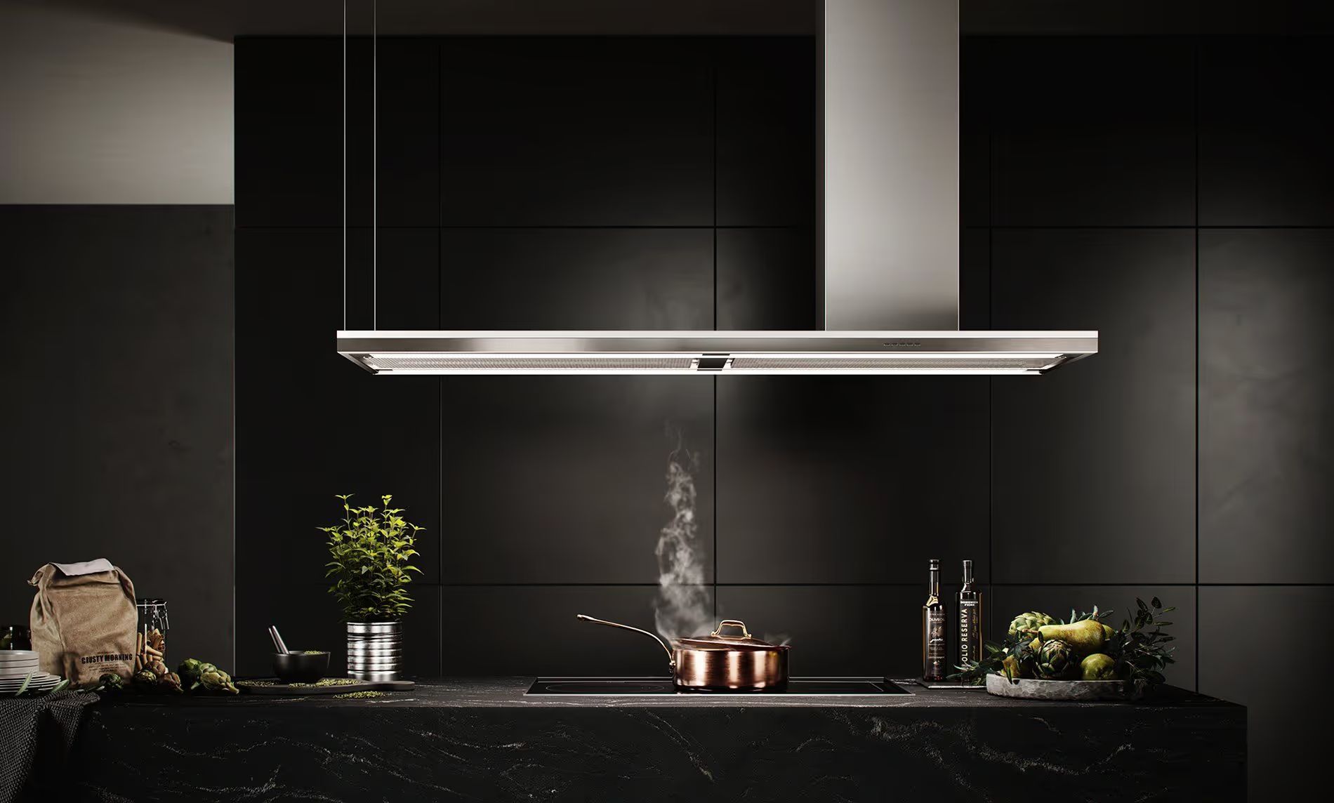 3D rendering of a modern black kitchen interior with an island cooker hood, cookware, and realistic lighting