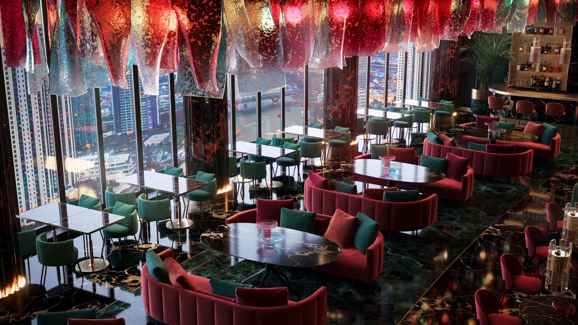 3D Rendering for a luxury restaurant with red and green velvet chairs and marble tables