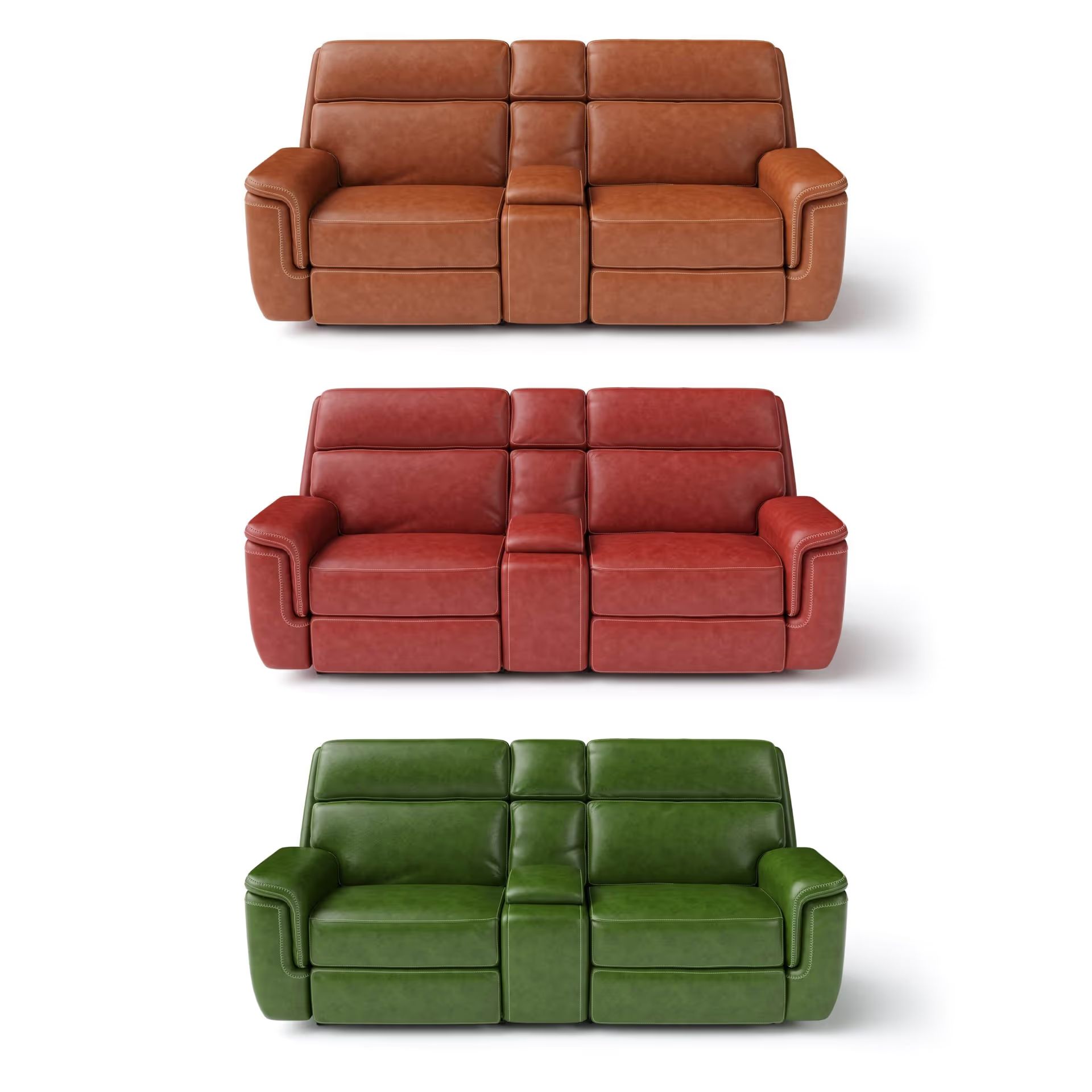 3D Visualization for three recliner sofas in brown, red, and green, displayed on a white background