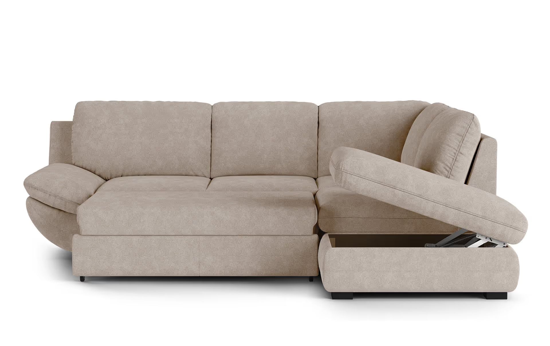 3D Render for a beige sectional sofa with hidden storage and a lifted seat, shown on a white background