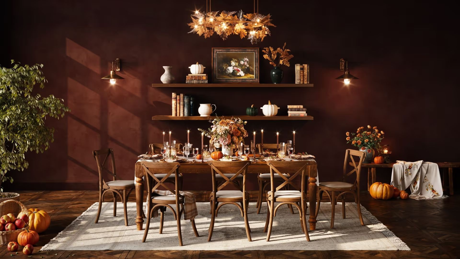 3D rendering of a dining room with autumn table décor, wooden chairs, candles, and pumpki