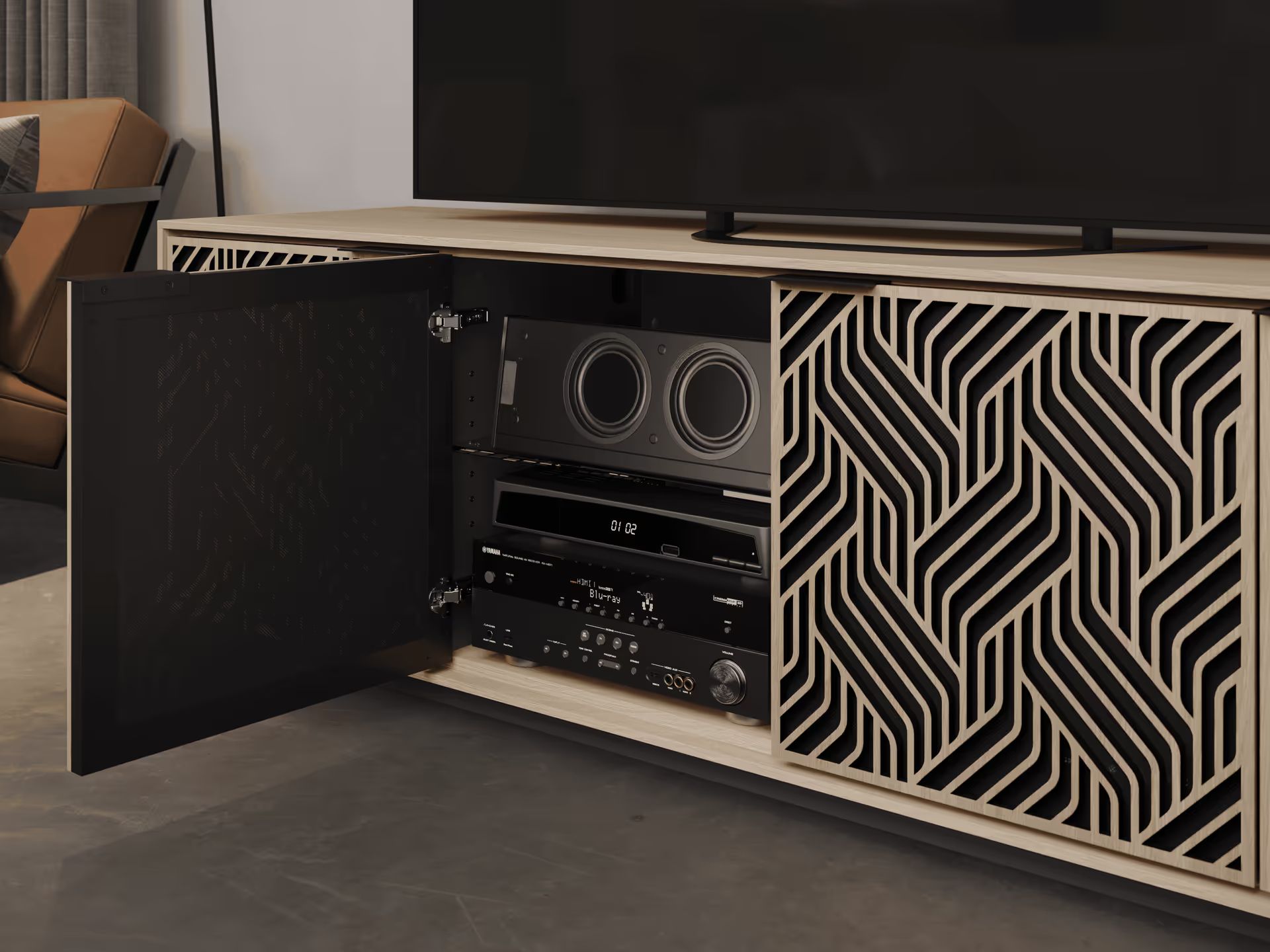 Lifestyle 3D rendering of a modern TV stand with an open cabinet door showing built-in storage for audio equipment