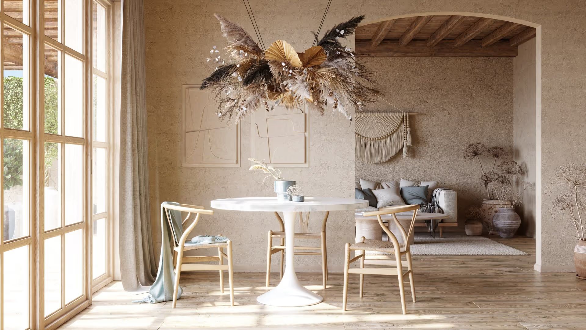 Product render of a styled architectural interior with furniture and decor