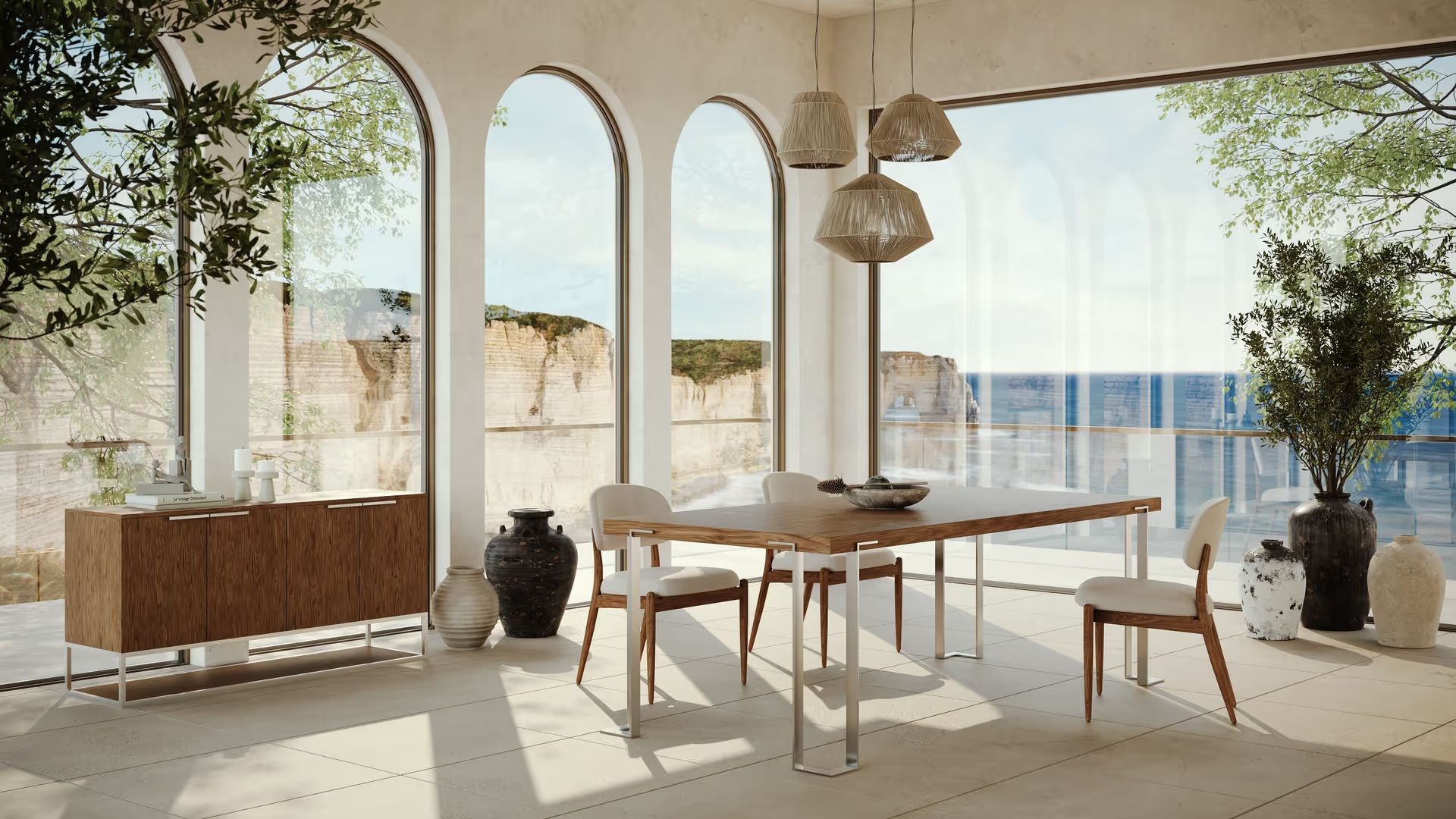 Product rendering mood reference showing a modern dining set in a sunlit Mediterranean interior