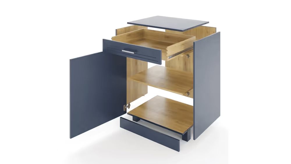 Rapid prototyping using an exploded cabinet rendering to review assembly logic, fit, and component layout before tooling