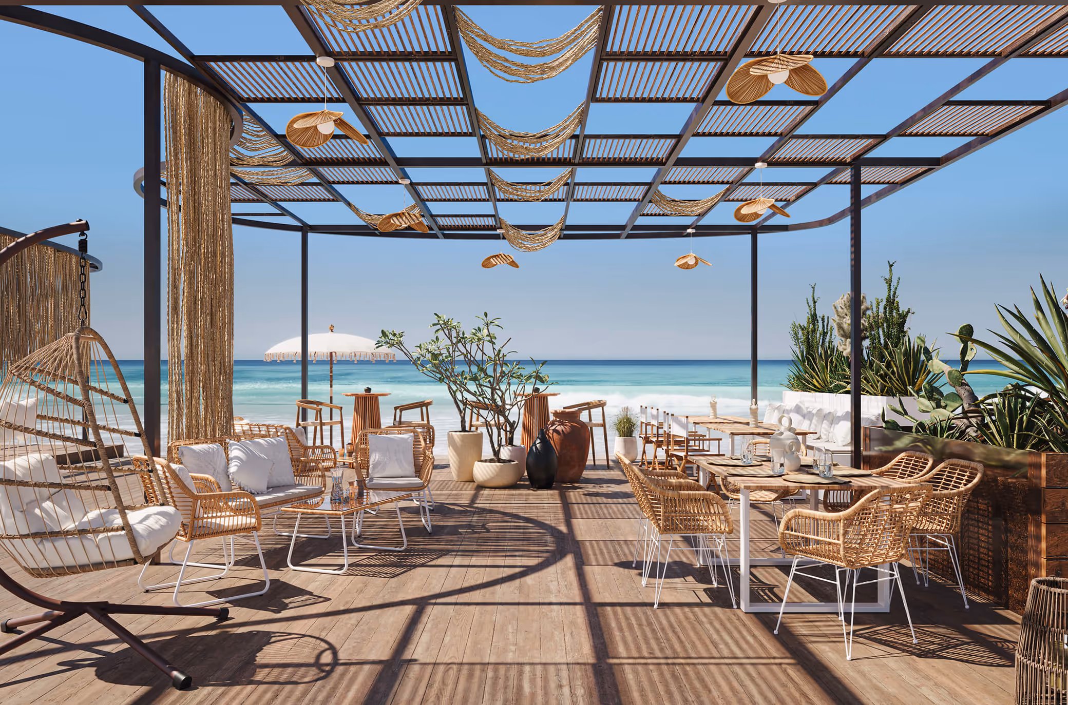 Luxury beachfront outdoor furniture setup with modern rattan chairs, wooden deck, and pergola overlooking turquoise ocean. Coastal patio design featuring woven hanging decorations, white cushions, potted plants, and bar-height tables in a resort-style setting. 3D rendering demonstration for all-season outdoor furniture visualization.