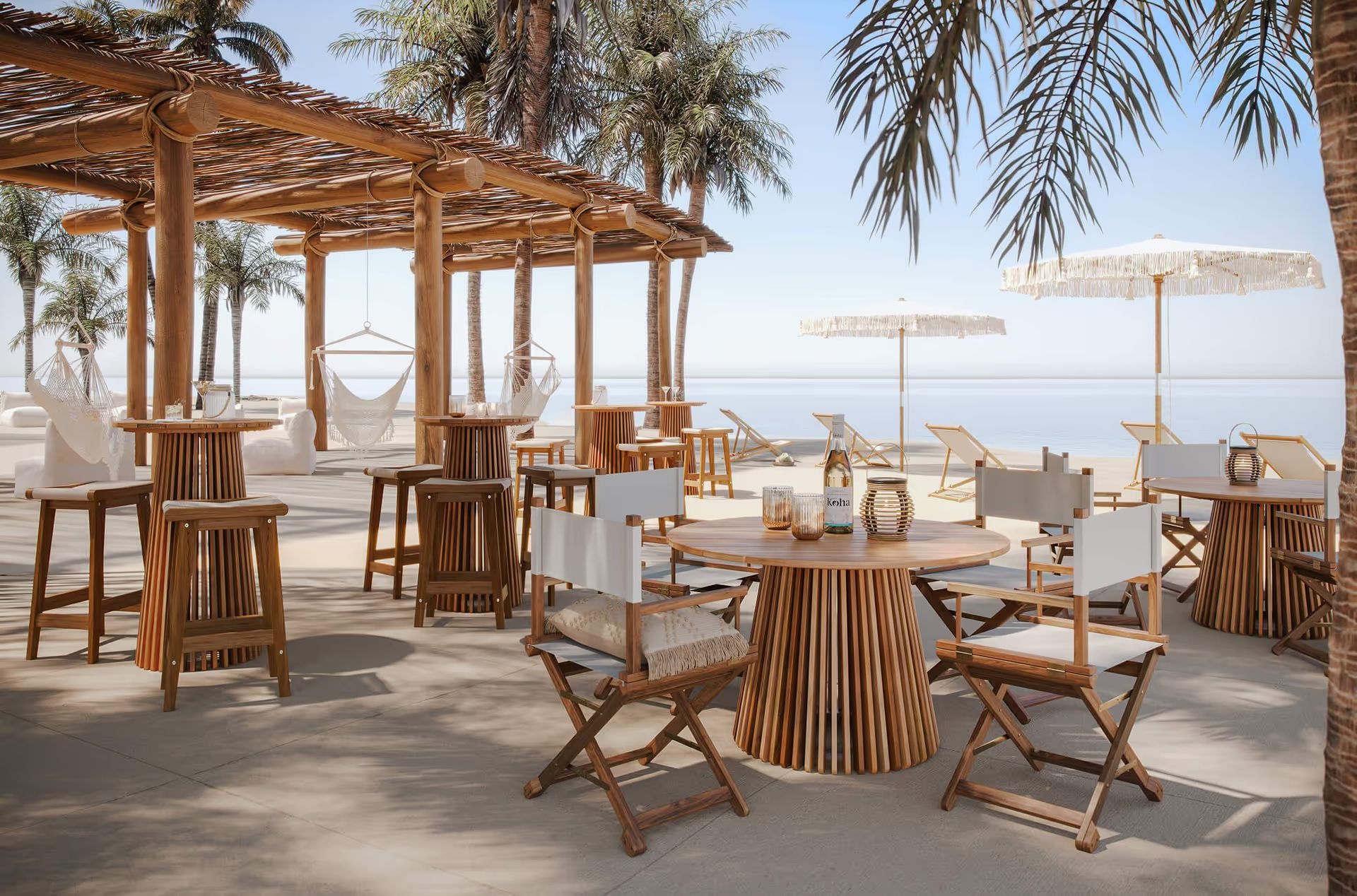 3D Rendering for outdoor furniture in a cafe on the beach