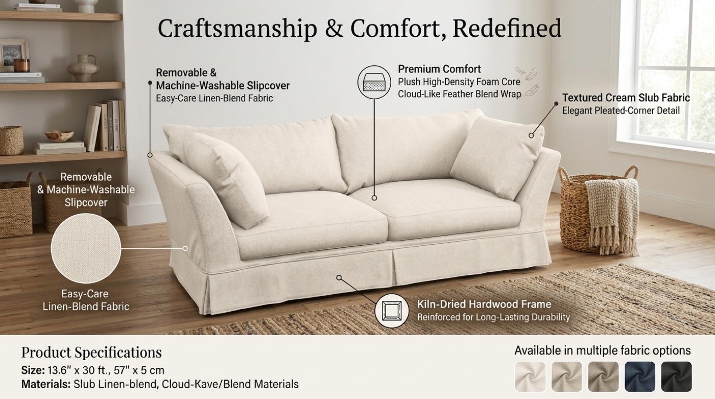 Amazon A+ Content infographic with annotated feature callouts, dimensions, and fabric swatches
