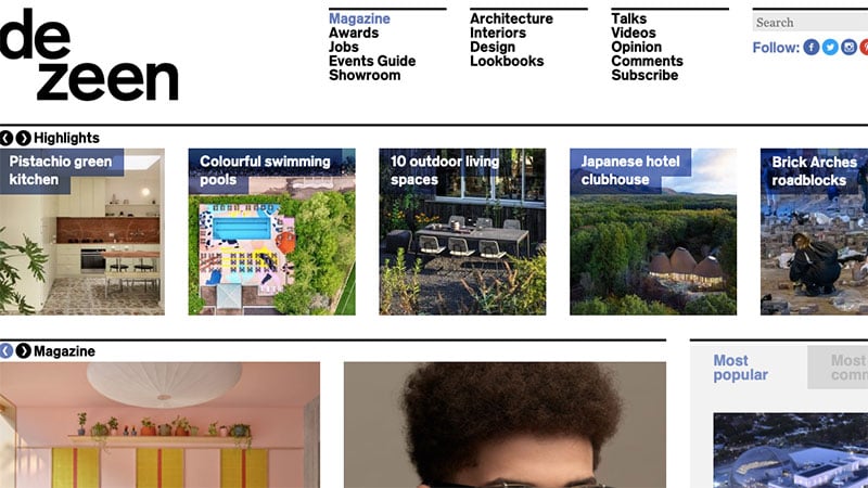 A Screenshot of a Dezeen’s Main Page with Lots of Inspiring Articles on Architecture, Furniture and Design