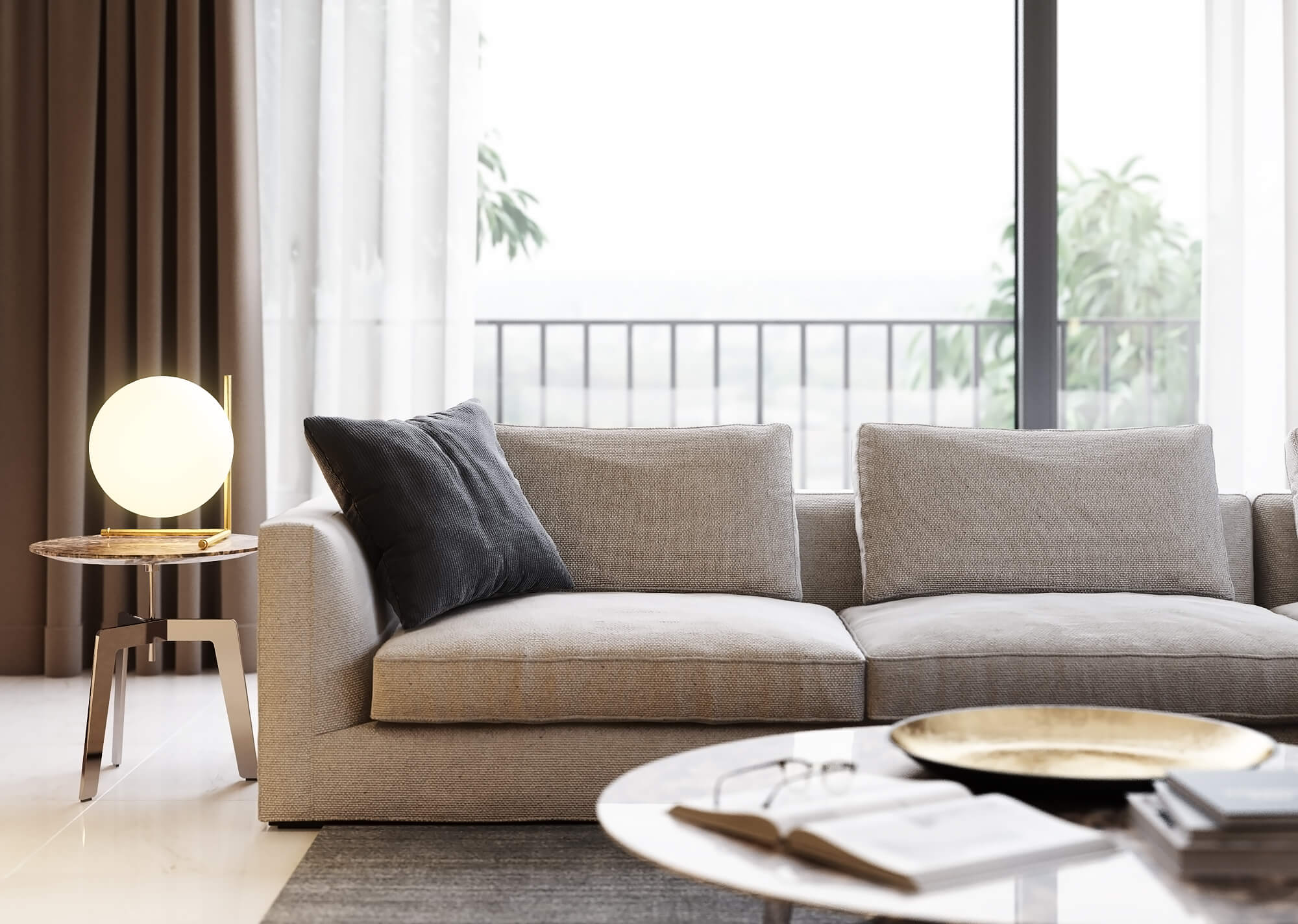 Here's an SEO-optimized alt text description for this image:
"Modern minimalist living room with beige fabric sofa, black accent pillow, and balcony view in natural light. 3D rendered interior design scene showcasing contemporary indoor furniture styling with detailed fabric textures, soft neutral colors, and lifestyle accessories on coffee table. Professional furniture visualization without studio setup.