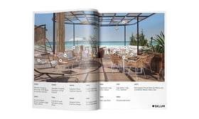 Portfolio magazine spread showing professional 3D visualization project of beachfront restaurant with detailed specifications and material callouts for furniture and architectural elements
