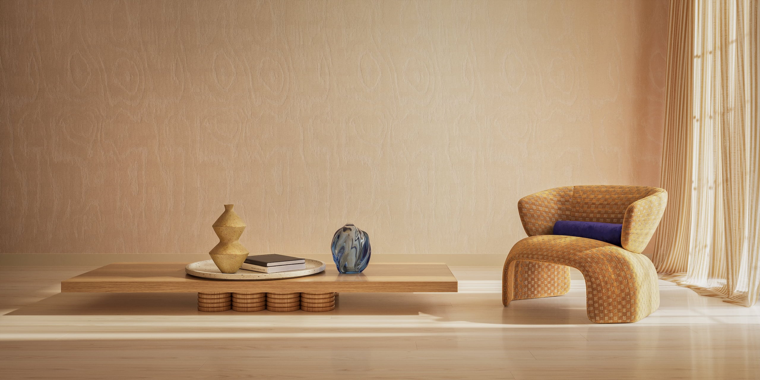 Cover image for the Commercial CGI & Product Rendering Guide. Minimalist interior with designer chair, low table and decor, done in a warm color scheme.