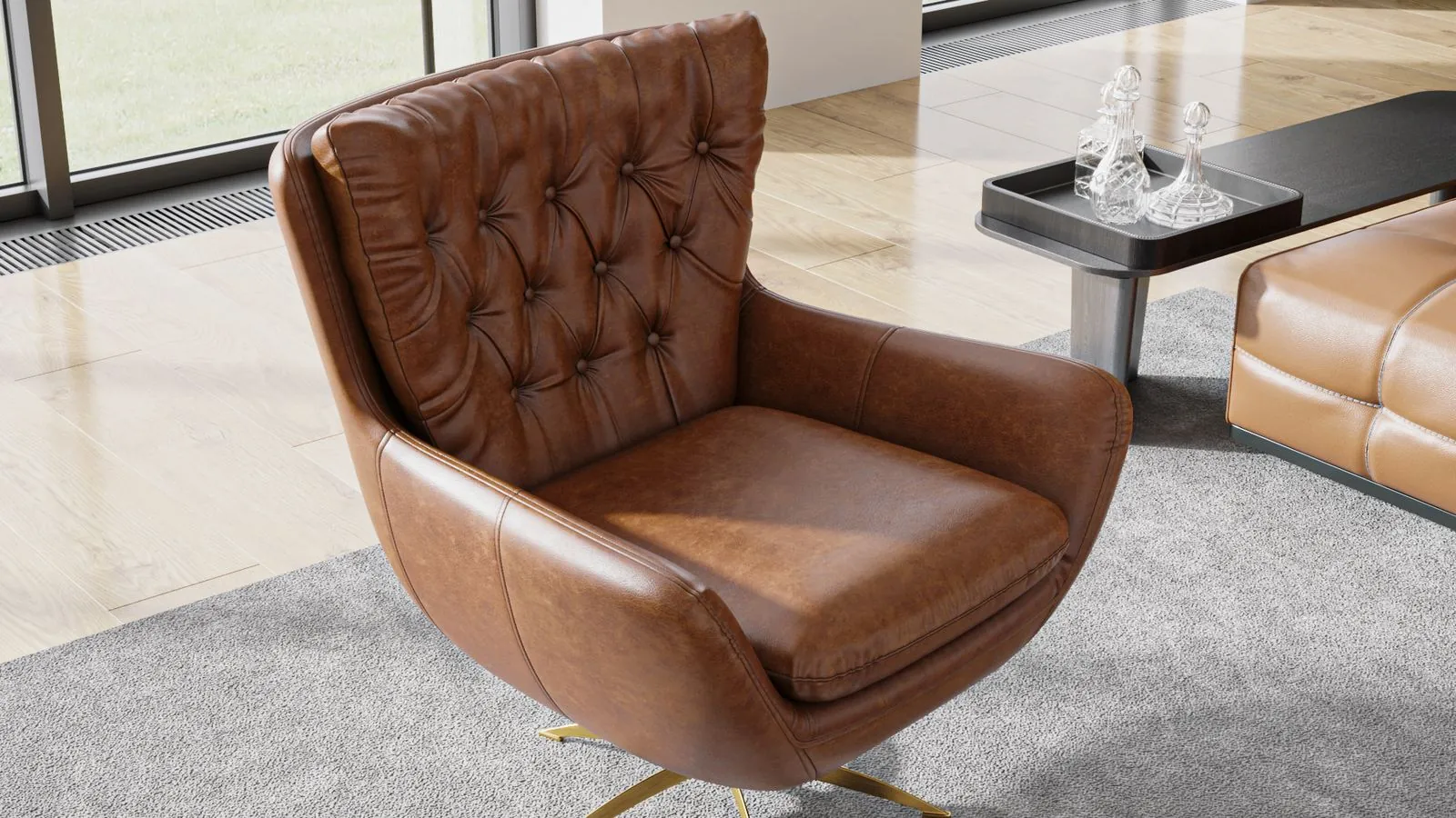 Lifestyle 3D rendering of a swivel armchair in a room