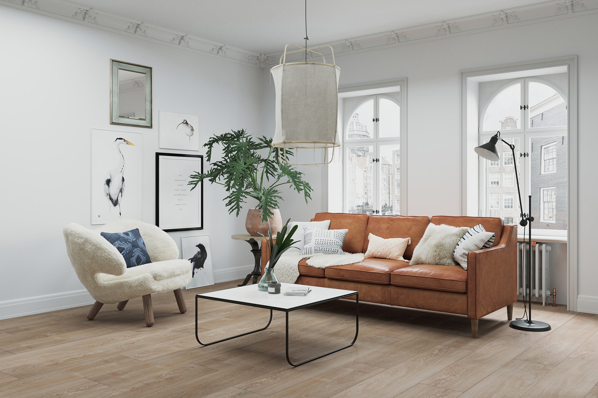 Living Room Zone CG Rendering for Light Wood Floors