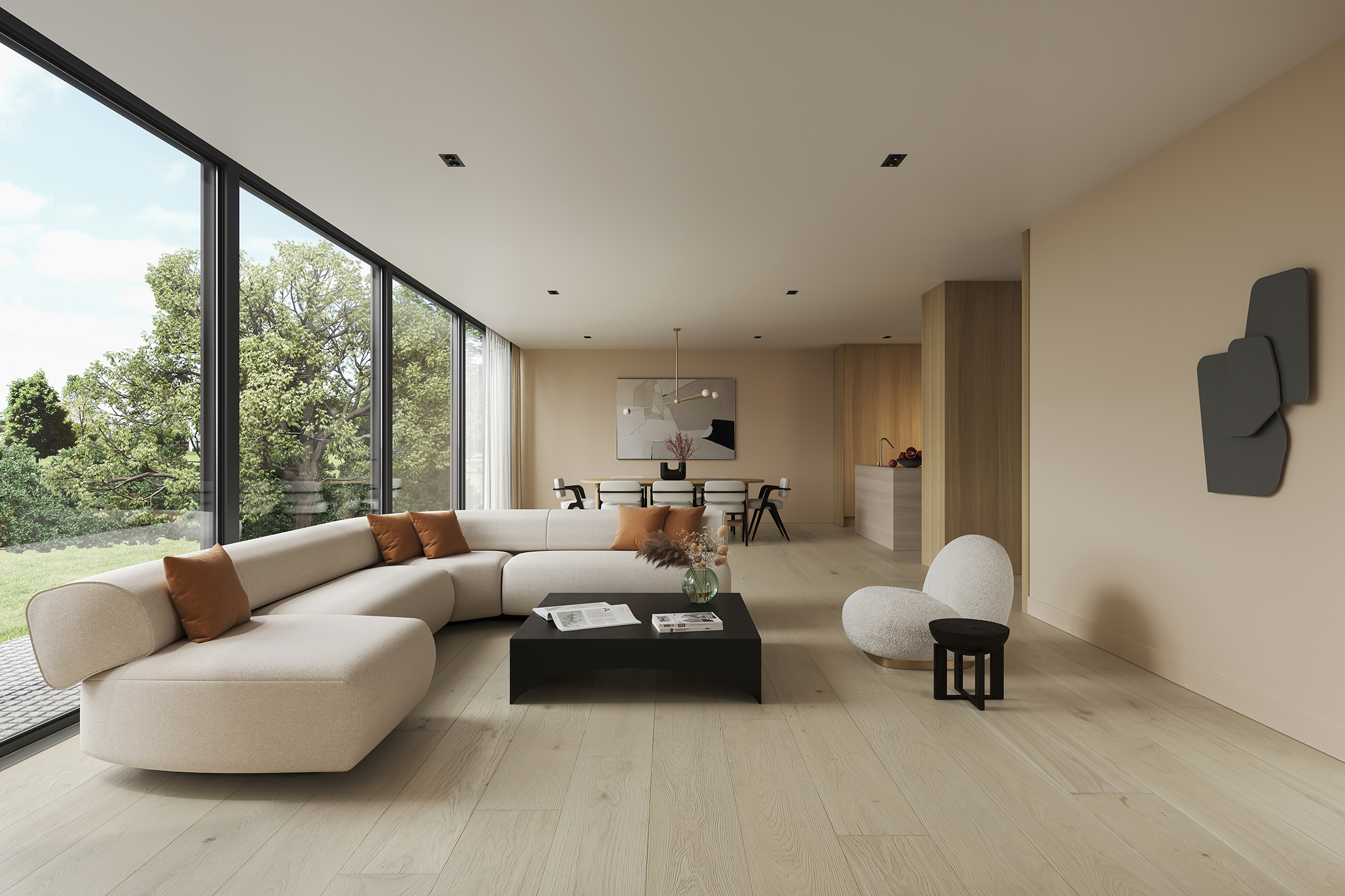 Living Room Design 3D Rendering for Light Wood Floors