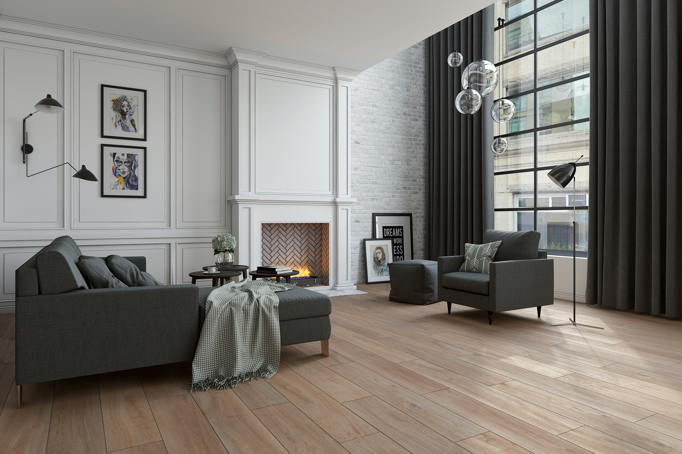 Living Room Design CG Rendering for Light Wood Floors