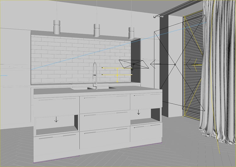 A 3ds Max Screenshot of Setting up Lights and Cameras for a Kitchen 3D Model