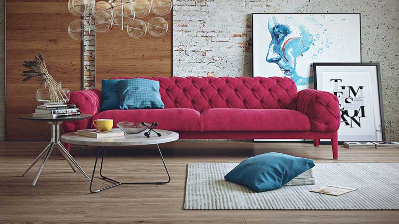 A CG Rendering of a Pink Sofa with Neutral and Bright Decor